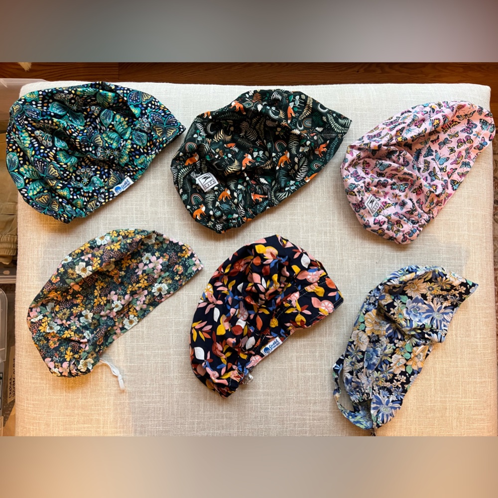 Scrub caps! Flying Rabbit and others from Amazon and Etsy.